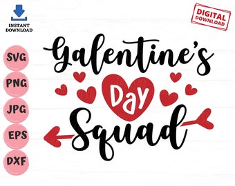 Könnte beinhalten: Schwarzes und rotes Grafikdesign mit dem Text "Galentine's Day Squad" und einem roten Herzen mit dem Wort "Day" darin. Es gibt mehrere kleine rote Herzen um den Text herum.