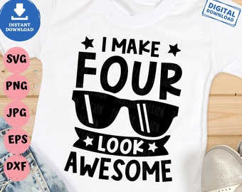 May include: A white t-shirt with black text that reads "I make four look awesome" with a pair of sunglasses above the word "four" and a star on either side of the word "look".