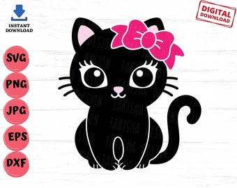 Girl Cat with Bow Svg, Cute Black Cat with Bow Svg, Cute Black Cat Svg, Halloween Black Cat Svg