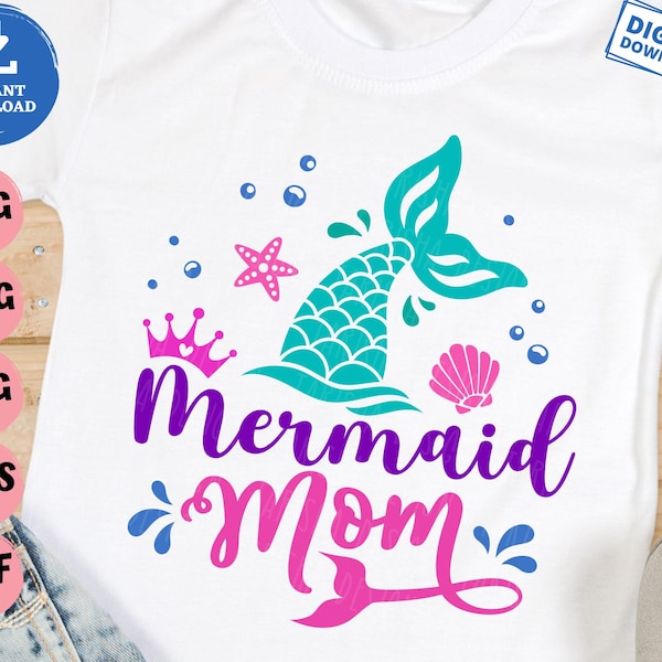 Mermaid Mom Svg, Kids Birthday Mermaid Svg, Mermaid Lover Svg, Mermaid Matching Family Svg, Mermaid Mommy with Mermaid Tail Svg