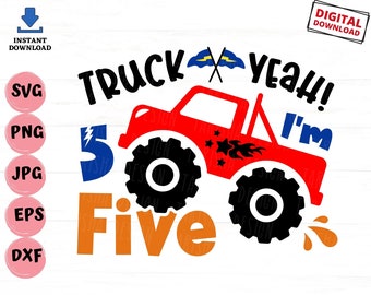 Lastbil Ja, jag är fem Svg, femte födelsedag Monster Truck Svg, Jag är fem Monster Truck Svg, 5-årsdag Svg, 5-årsdag Truck Svg