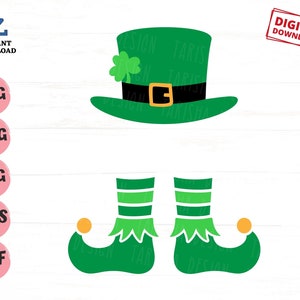 Puede incluir: Sombrero verde de duende con una banda negra y un trébol. Zapatos de duende rayados verdes con hebillas amarillas.