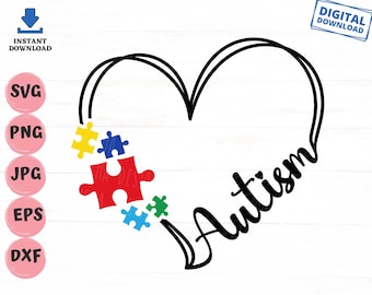 Concienciación sobre el autismo Corazón Svg, Corazón con autismo Svg, Día de la conciencia sobre el autismo Svg, Corazón con pieza de rompecabezas, Svg autista, Concienciación sobre el rompecabezas Svg