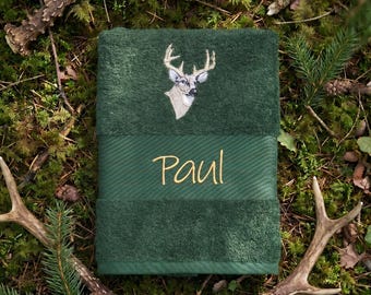 Embroidered towel with deer antlers | Personalized hunting gift for him | Men's bath towel with name | Father's Day guest towel, forest love, hunter
