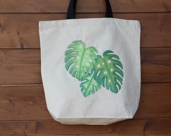 Monstera Shopper - Brodé - 100% coton - Toile - Naturel - 13 litres - 28 x 38 x 12 cm - Tote bag - Sac