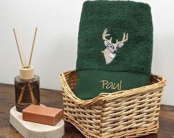 Geborduurde handdoek met hertengewei | Gepersonaliseerd jachtcadeau voor hem | Badhanddoek voor mannen met naam | Gastendoekje Vaderdag Forest Love Hunter