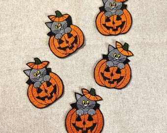Halloween kattenpompoen patch 6,4 x 4,9 cm | Jack O'Lantern strijkpatch | Spookachtig kostuum applicatie | Halloween decoratie