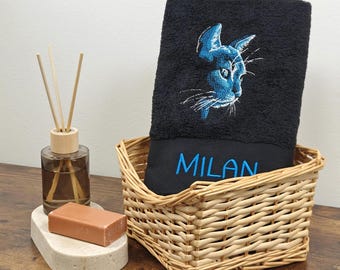 Geborduurde kattenhanddoek met naam | Gepersonaliseerd cadeau voor kattenliefhebbers | Badhanddoek voor katteneigenaren | Decoratieve gastendoek met fluwelen pootjes