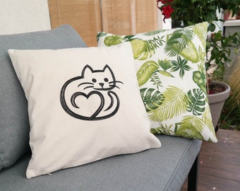 Housse de coussin chat d'amour 40 x 40 cm, housse de coussin avec chat, coussin mignon pour les amoureux des chats, coussin décoratif drôle de chat pour les amoureux des animaux