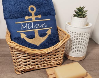 Gepersonaliseerde handdoek met naam/initialen | Geborduurde gastenhanddoek, douchehanddoek, badhanddoek met ankerdesign | Cadeau voor zeelieden