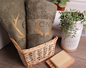 Personalizable towel 70 x 140 cm, 50 x 100 cm, 30 x 50 cm, Embroidered with initials, antlers, for hunters, birthday, Christmas, wedding