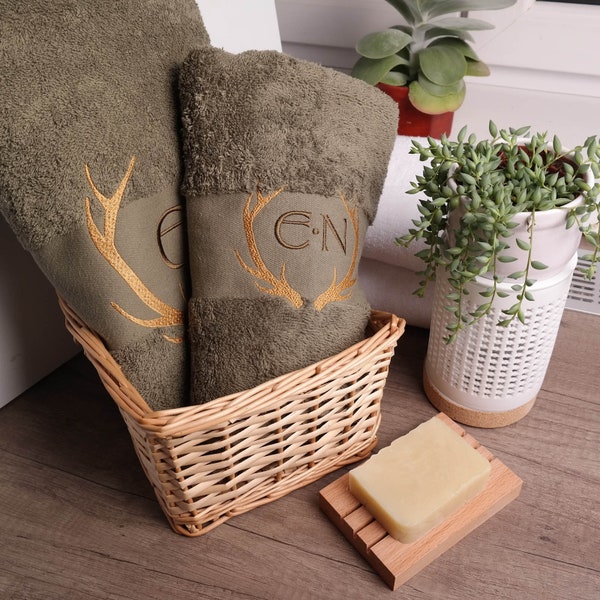 Personalized towel 70 x 140 cm, 50 x 100 cm, 30 x 50 cm, embroidered with initials, antlers, for hunters, birthdays, Christmas, weddings