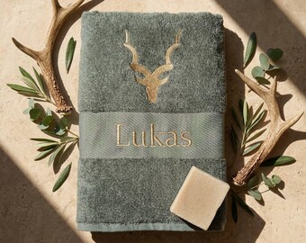 Embroidered towel with deer antlers & name | Personalized gift for hunters | Embroidered antelope bath towel | African decor shower towel | Impala