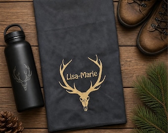Personalized microfiber sports towel with deer skull and antlers | Embroidered with name for hiking and outdoor activities | Gift for hunters, mountaineers, and women | Gym