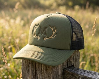 Trucker Cap with Deer Antlers Embroidered with Initials or Name | Sustainable Hunting Gift for Him | Men's Green Baseball Cap