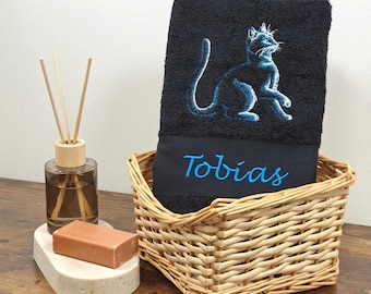 Geborduurde kattenhanddoek met naam | Gepersonaliseerd cadeau voor kattenliefhebbers | Badhanddoek voor katteneigenaren | Fluwelen pootversiering
