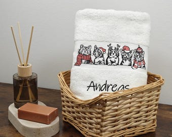 Gepersonaliseerde badhanddoek met katten en naam | Kerstcadeau voor dierenliefhebbers | Geborduurde handdoek met dierenmotief als kerstversiering | Gastendoekje in de vorm van een kattenmoeder