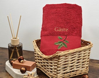 Geborduurde handdoek met hulst en naam | Gepersonaliseerde kerstdecoratie | Feestelijke badhanddoek | Gastendoek met persoonlijke tekst