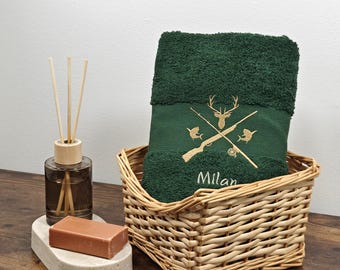 Gepersonaliseerde handdoek met naam/initialen | Geborduurde gastenhanddoek, douchehanddoek, badhanddoek met jacht-/vismotief | Cadeau voor hem en haar