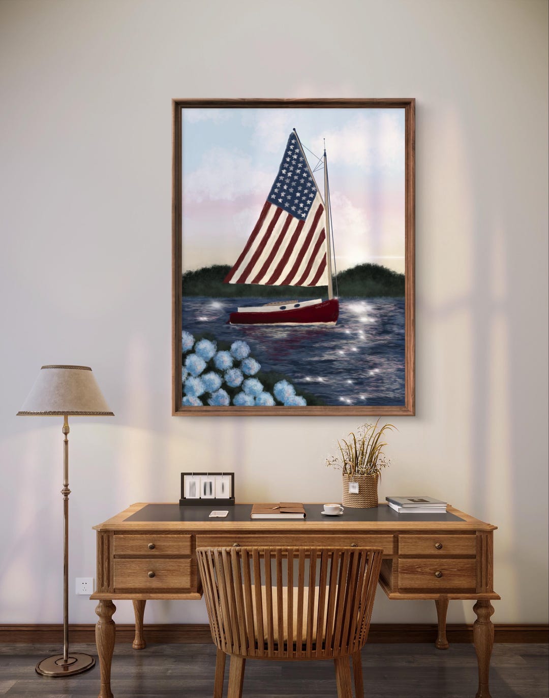 American Flag Sailboat Print – Patriotic Nautical Wall Art, Nantucket ...