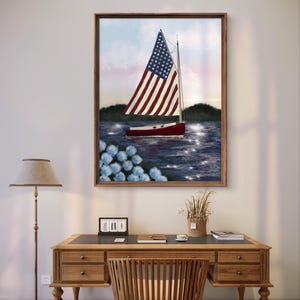 American Flag Sailboat Print – Patriotic Nautical Wall Art, Nantucket Coastal Decor, 4th of July Summer Lake House Artwork