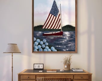 Amerikanische Flaggen-Segelboot-Druck - Patrische nautische Wandkunst, Nantucket Küstendekor, 4. Juli Summer Lake House Kunstwerk
