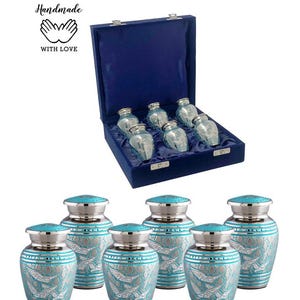 Juego de urnas de recuerdo de colibrí: miniurnas para compartir plateadas y verde azulado con caja de terciopelo