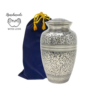 Silver Leaves Urn - Full Size Oak Leaf Brass Cremation Urn - Adult Brass Urn - Funeral & Memorial Urn for Human Ashes upto 200 Lbs. W/Bag