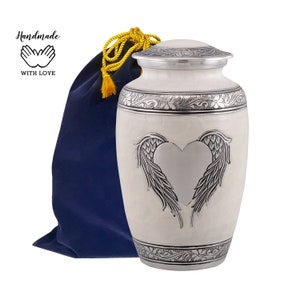 Angel Wings Urn, Pearl White Loving Angel Cremation Urn, Large Cremation Urn for Human Ashes, White Heart Urn, Adult Memorial Urn, Angel Urn