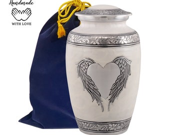 Angel Wings Urn, Pearl White Loving Angel Cremation Urn, Large Cremation Urn for Human Ashes, White Heart Urn, Adult Memorial Urn, Angel Urn