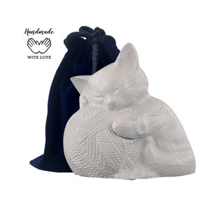 Sleeping Cat Urn - White Kitty Urn - Precious Cat Urn W/ Yarn Ball - Cat Figurine Urn - Urn For Pet Ashes - Memorial Cat Urn With Velvet Bag
