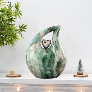 Teardrop Urn - Full Size Emerald Green Marble Finish Metal Teardrop Cremation Urn for Human Ashes Upto 210 LBS - Adult Urn For Male & Female