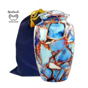 Blue Gold Marble Finish Urn - Blue & Gold Metal Urn for Human Ashes - Unique Marble finish Adult Urn - Large Memorial Urn with Velvet Bag