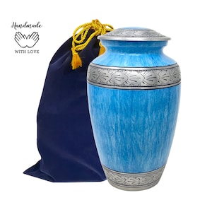 Blue Marble Urn for Human Ashes - Blue Cremation Urn with Silver Floral Band - Beautiful Faux Blue Memorial Urn - Adult Blue Urn