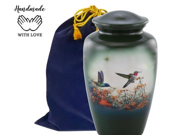 Hummingbird Urn, Large Green Hummingbird Urn, Full Size Hummingbirds Urn, Adult Funeral & Memorial Urn for Human Ashes 200 Lbs W/Bag