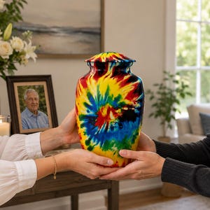 K&ouml;nnte beinhalten: Eine Urne mit einem lebendigen Batikmuster in kr&auml;ftigem Gelb, Rot, Blau, Gr&uuml;n und Schwarz. Das Gef&auml;&szlig; hat einen abgerundeten K&ouml;rper und einen passenden abnehmbaren Deckel, wobei das gesamte Design durch ein farbenfrohes Wirbelmuster gepr&auml;gt ist.