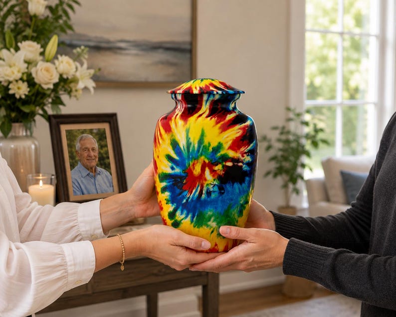 K&ouml;nnte beinhalten: Eine Urne mit einem lebendigen Batikmuster in kr&auml;ftigem Gelb, Rot, Blau, Gr&uuml;n und Schwarz. Das Gef&auml;&szlig; hat einen abgerundeten K&ouml;rper und einen passenden abnehmbaren Deckel, wobei das gesamte Design durch ein farbenfrohes Wirbelmuster gepr&auml;gt ist.