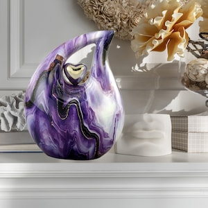 Teardrop Urn - Full Size Amethyst Marble Finish Metal Teardrop Cremation Urn for Human Ashes Upto 210Lbs- Purple Adult Urn for Male & Female