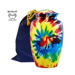 Tie Dye Urn- Modern Unique Tiedye Urn for Human Ashes - Rainbow Funeral and Memorial Cremation Urns for Human Ashes 200 lbs with Velvet Bag