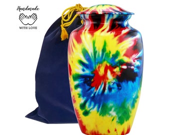 Colorful Tie Dye Adult Urn-Modern Unique Urn for Human Ashes-Tie Dye Cremation Urn for Ashes-Memorial Urn with Velvet Bag-Rainbow Urn