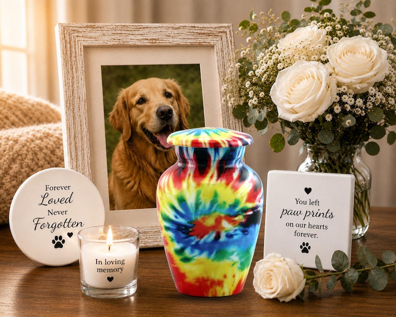 K&ouml;nnte beinhalten: Eine Urne aus Metall mit Tie-Dye-Muster und passendem Deckel, neben einem wei&szlig;en Kerzenhalter mit der Aufschrift In loving memory, einer runden Plakette mit der Aufschrift Forever Loved Never Forgotten und einer quadratischen Plakette.