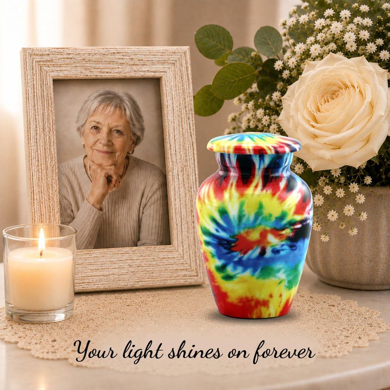 K&ouml;nnte beinhalten: Eine Urne mit einem lebendigen Batikmuster in roten, gelben, blauen und gr&uuml;nen Wirbeln. Die Urne hat einen abgerundeten K&ouml;rper und einen passenden Deckel. Der Text "Your light shines on forever" ist auf der Oberfl&auml;che darunter aufgedruckt.