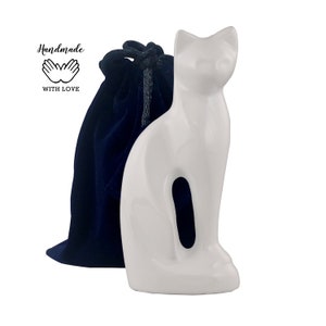 Sitting Cat Urn - White Cat Urn - Kitty Urn - Precious Cat Urn For Ashes - Cat Figurine Urn - Pet Urn - Cat Memorial Urn W/ Velvet Bag
