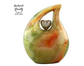 Teardrop Urn - Full Size Green Onyx Marble Finish Metal Teardrop Cremation Urn for Human Ashes Upto 210 lbs - Adult Urn For Men and Women