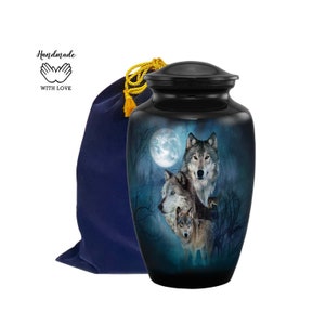 Wolf Urn - 3 Wolves Cremation Urn - Midnight Wolves Urn - Funeral and Memorial Cremation Urn for Human Ashes up to 200 lbs With Velvet Bag