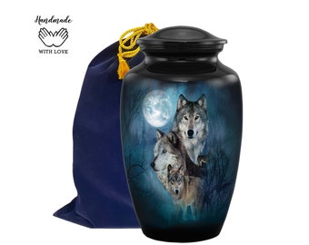 Wolf Urn - Handcrafted 3 Wolves Cremation Urn - Funeral and Memorial Cremation Urn for Human Ashes up to 200 lbs with Velvet Bag