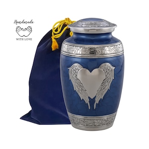 Angel Wings Urn, Blue & Silver Loving Angel Cremation Urn, Large Urn for Human Ashes, Black Heart Urn, Adult Memorial Urn, Angel Urn