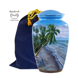 Beach Urn - Paradise Beach Cremation Urn - Tropical Beach Urn - Funeral and Memorial Cremation Urns For Human Ashes Upto 200 LBS W/ Bag