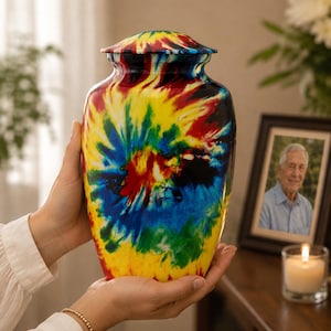 K&ouml;nnte beinhalten: Eine Urne mit einem lebendigen Batikmuster in kr&auml;ftigen Gelb-, Blau-, Rot-, Gr&uuml;n- und Schwarzt&ouml;nen. Das Gef&auml;&szlig; hat einen glatten, abgerundeten K&ouml;rper und einen passenden abnehmbaren Deckel, der sicher auf der schmalen Hals&ouml;ffnung sitzt.