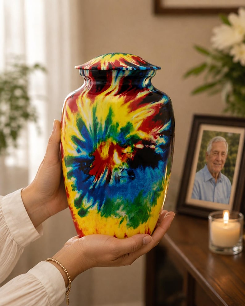 K&ouml;nnte beinhalten: Eine Urne mit einem lebendigen Batikmuster in kr&auml;ftigen Gelb-, Blau-, Rot-, Gr&uuml;n- und Schwarzt&ouml;nen. Das Gef&auml;&szlig; hat einen glatten, abgerundeten K&ouml;rper und einen passenden abnehmbaren Deckel, der sicher auf der schmalen Hals&ouml;ffnung sitzt.
